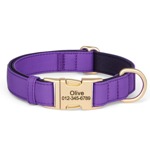 Purple personalized nylon dog collar with custom engraved ID buckle for small medium dogs