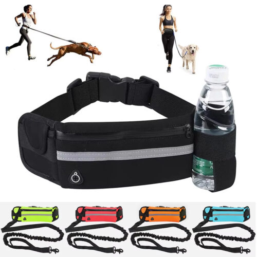 Hands Free Dog Running Waist Leash, Nylon Elastic Retractable Pet Traction Rope with Waist Bag & Reflective Buckle - D...