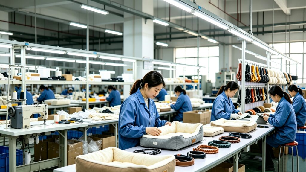 Pet supplies factory workshop, custom dog harness and collar production