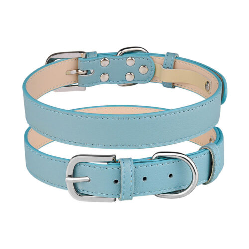 Light blue soft leather dog collar with metal buckle for pet daily walking