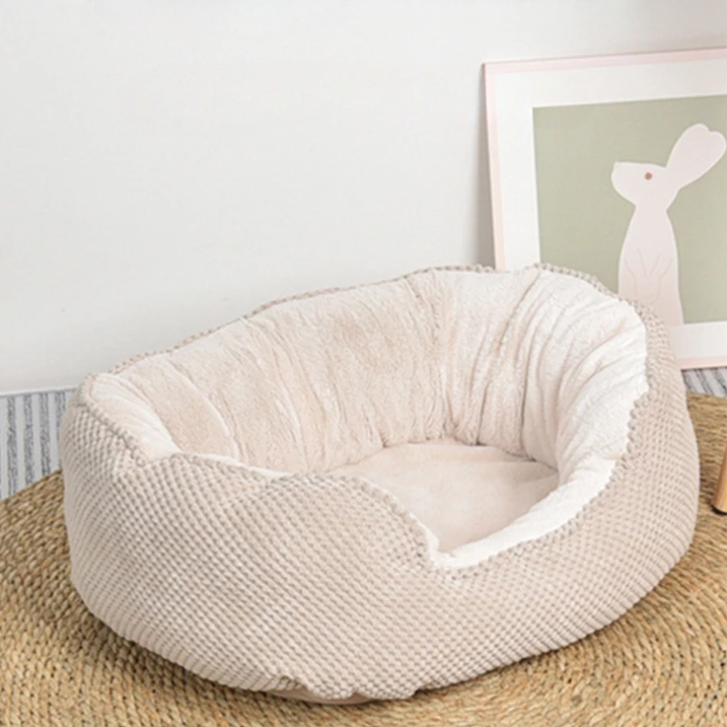 Light Beige Round Plush Pet Bed, Soft Warm Sleeping Nest for Cats and Small Dogs