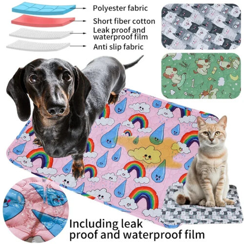 Printed pet training pad real‑life usage scene, dog and cat using waterproof pee pad