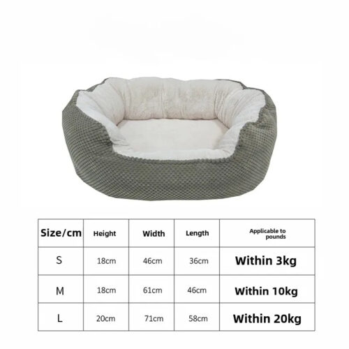 Round plush pet bed with size chart, multi‑size sleeping cushion for dogs and cats