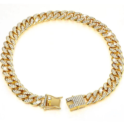 gold rhinestone cuban link dog collar metal chain pet necklace