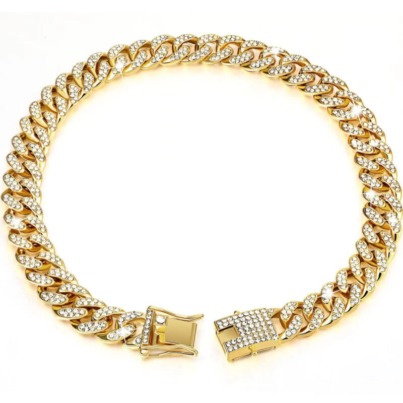 gold rhinestone cuban link dog collar metal chain pet necklace