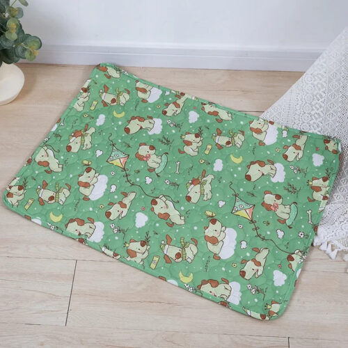 Green cartoon animal print pet training pad 60x45cm with adhesive strips, leak‑proof dog pee pad