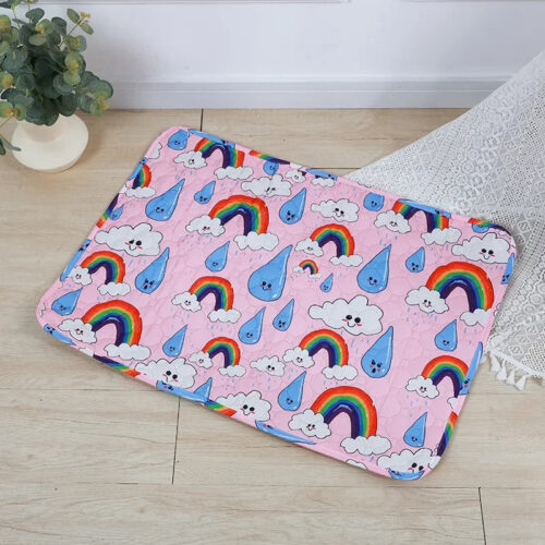 Rainbow unicorn printed pet training pad 60x45cm with adhesive strips, anti‑slip dog pee pad