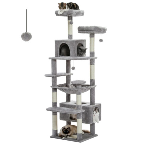Multi-level grey cat tree tower with scratching posts for indoor cats