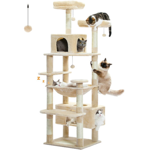 Beige multi‑level cat activity tree tower with hammock, hide‑out condo and hanging ball toy for indoor cats