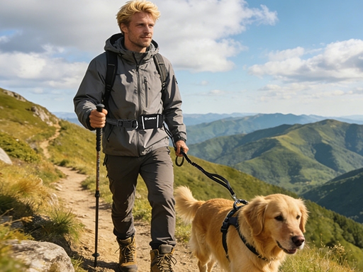 Owner hiking with dog using durable polyester dog leash