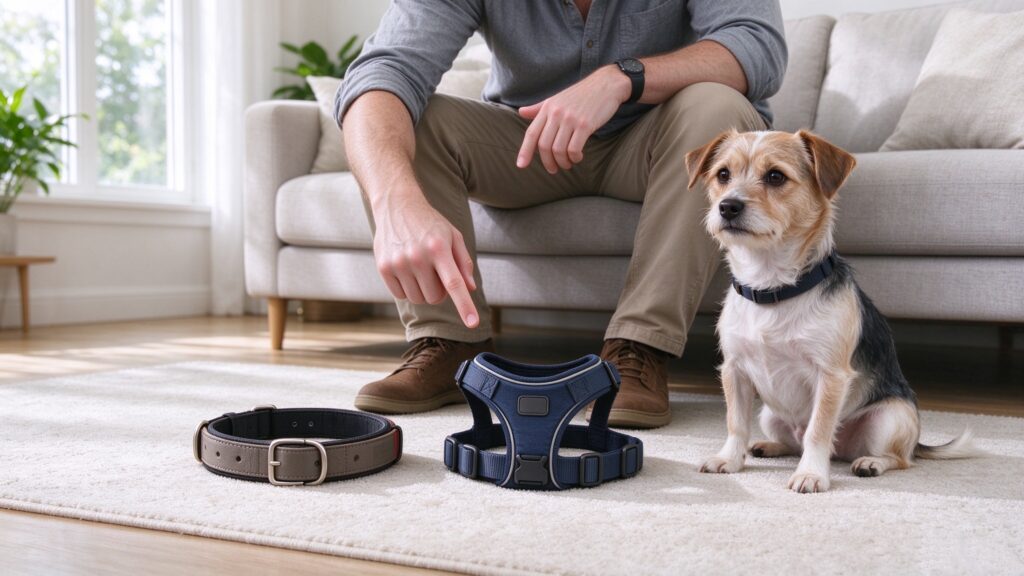 Dog collar and harness side by side comparison