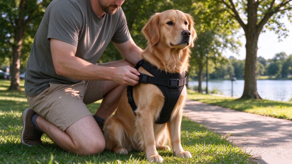Owner putting a no-pull harness on a dog
