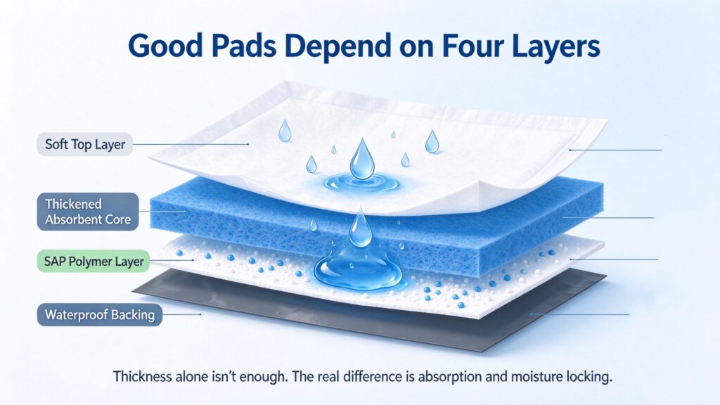 4-layer structure diagram of SAP pet pad, super absorbent polymer core for odor control