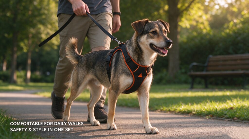 Dog wearing comfortable harness walking outdoors with owner, safe walking pet accessory