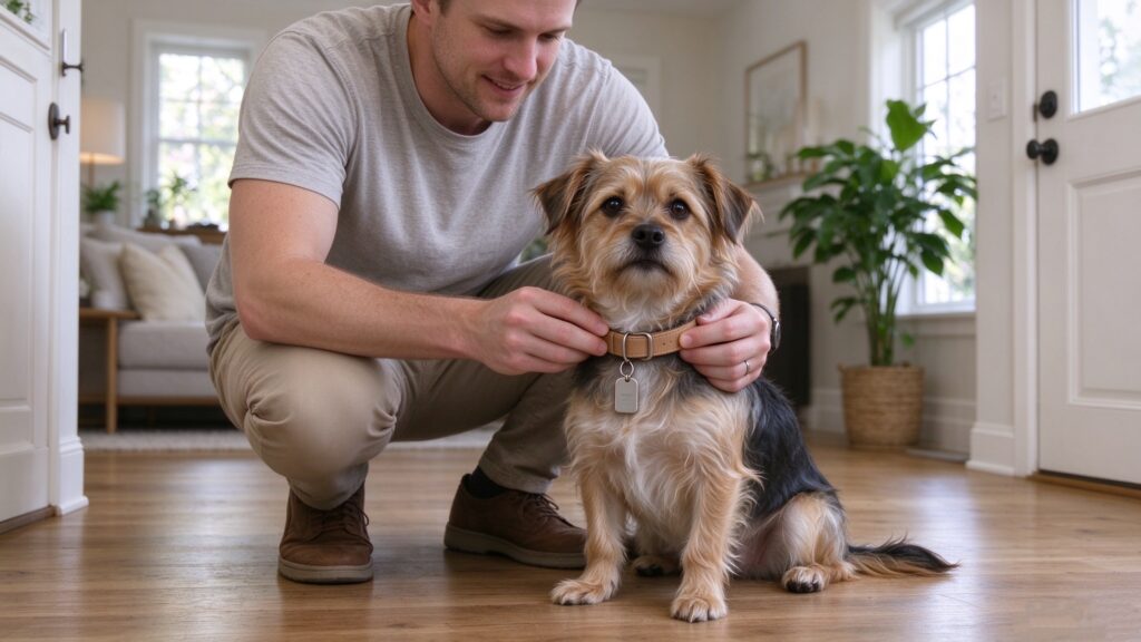 Pet owner adjusting dog collar with name ID tag