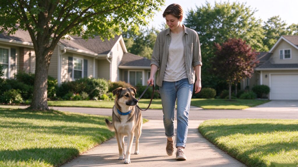 Woman walking a calm dog with collar on suburban sidewalk