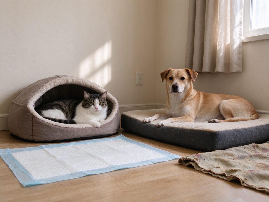 Cozy home pet safe corner with pet bed and pee pad for cat and dog relaxing