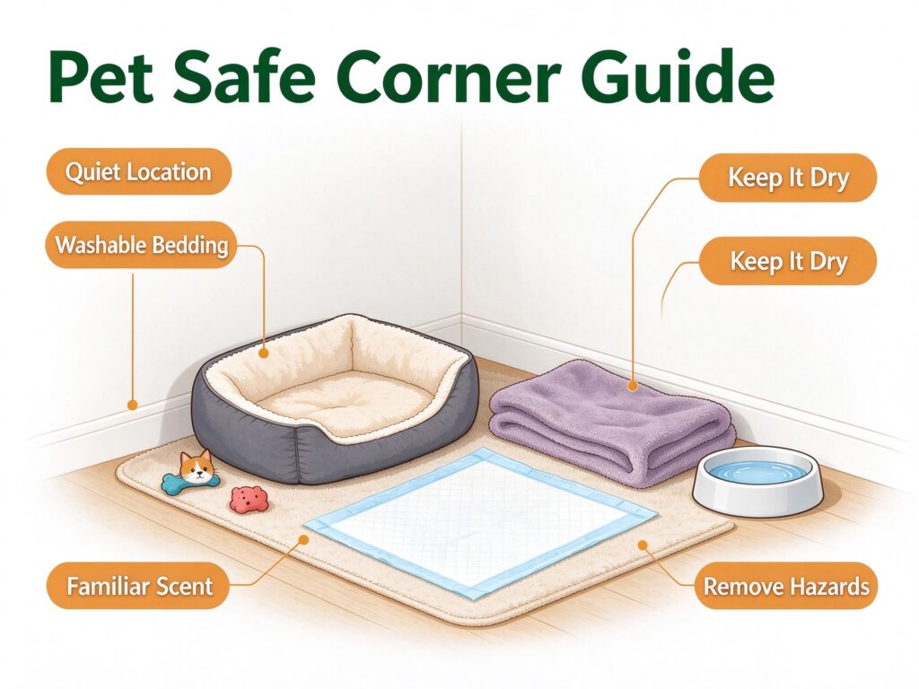 Pet safe corner setup guide infographic with pet bed, pee pad, blanket and toy for cats and dogs