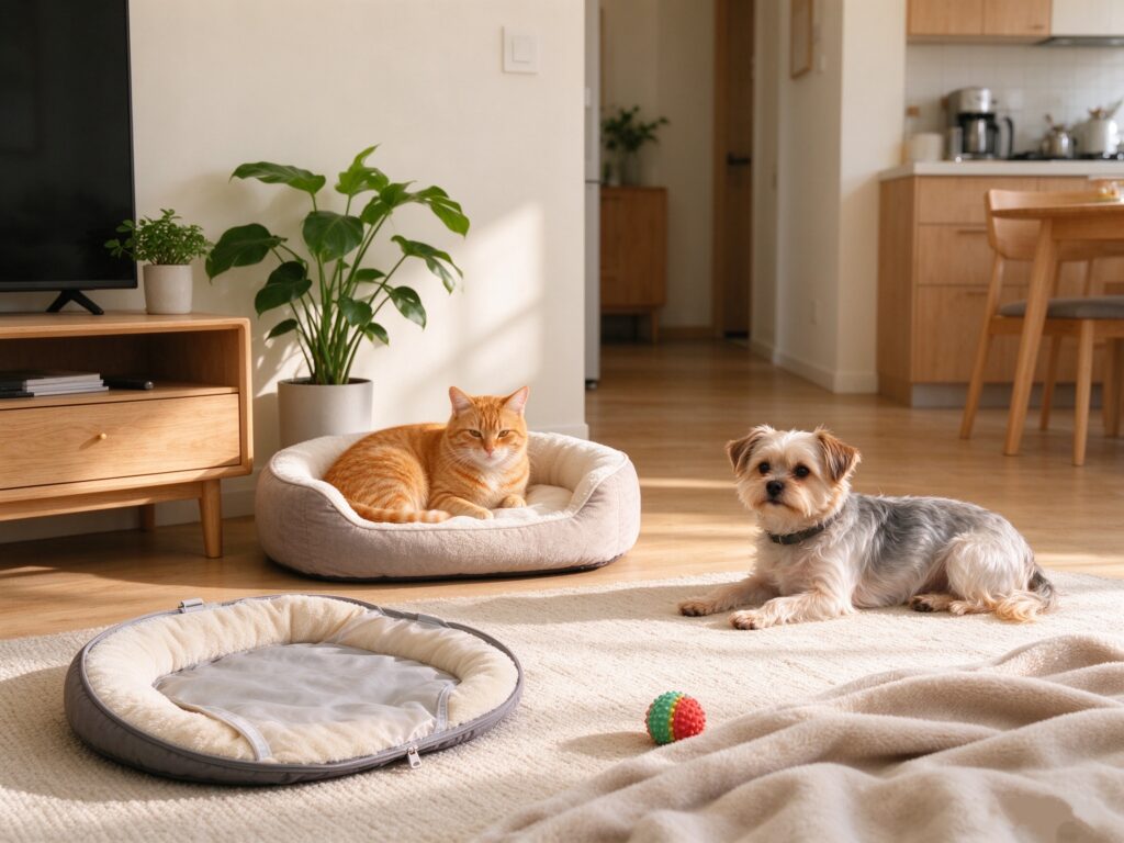 1. `Cozy living room home scene, cat and small dog relaxing on soft pet beds in bright household space` 2.