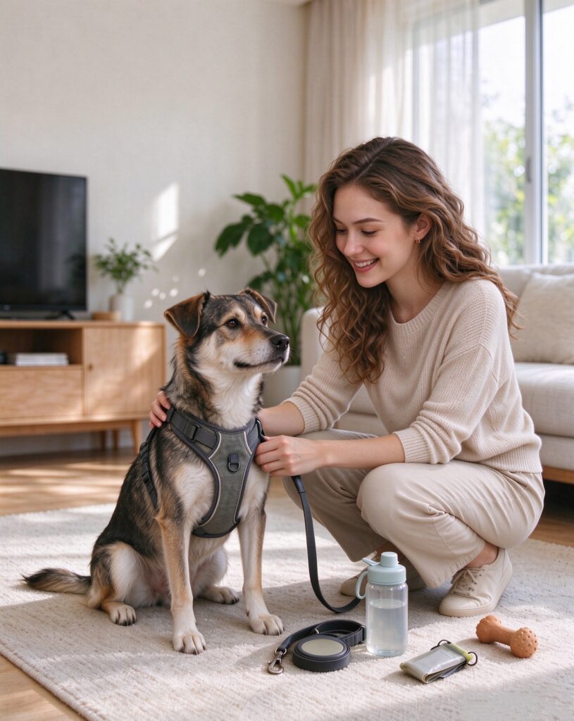 European lady fitting dog harness for her pet dog at home, pet accessories including leash and portable water bottle