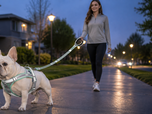 Person walking dog with reflective dog leash at dusk **Title**